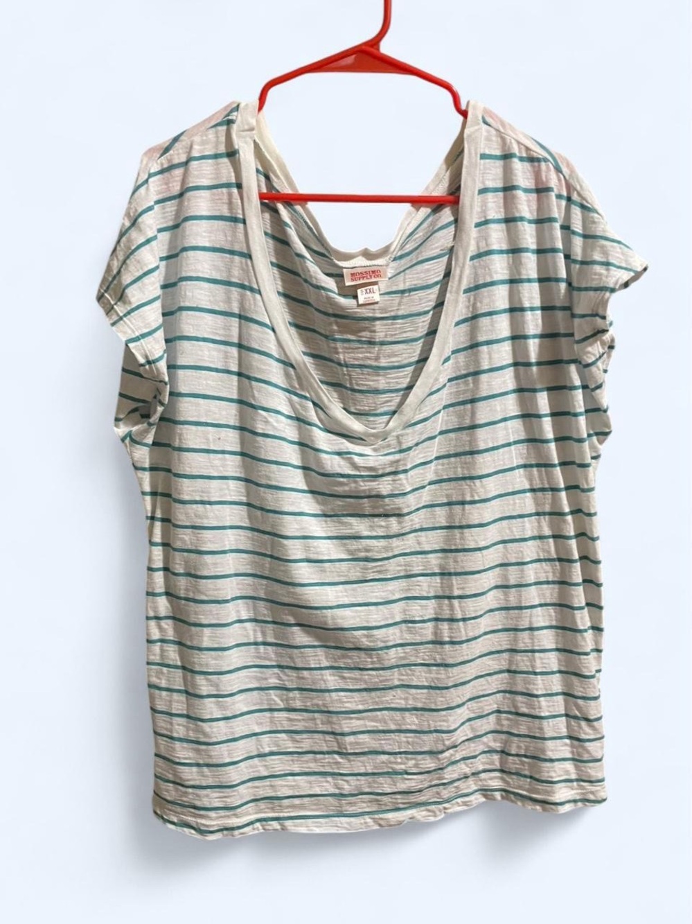 Striped V-Neck Top - white with Teal Stripes